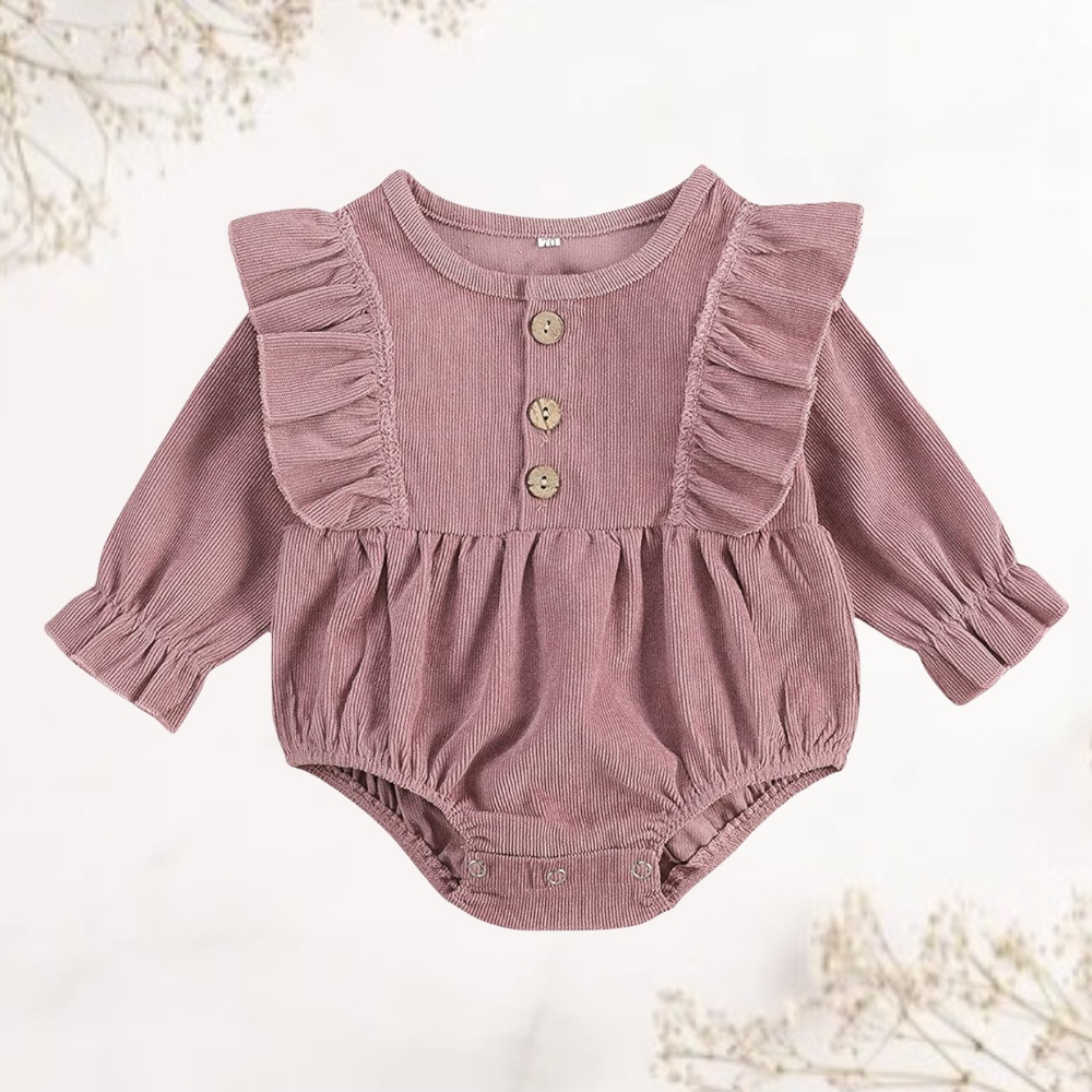 BODY - ROMPER WITH RUFFLES - RIB - DUSTY PINK - FULL SUIT - JUMPSUIT - BUTTONS - GIRL - LS